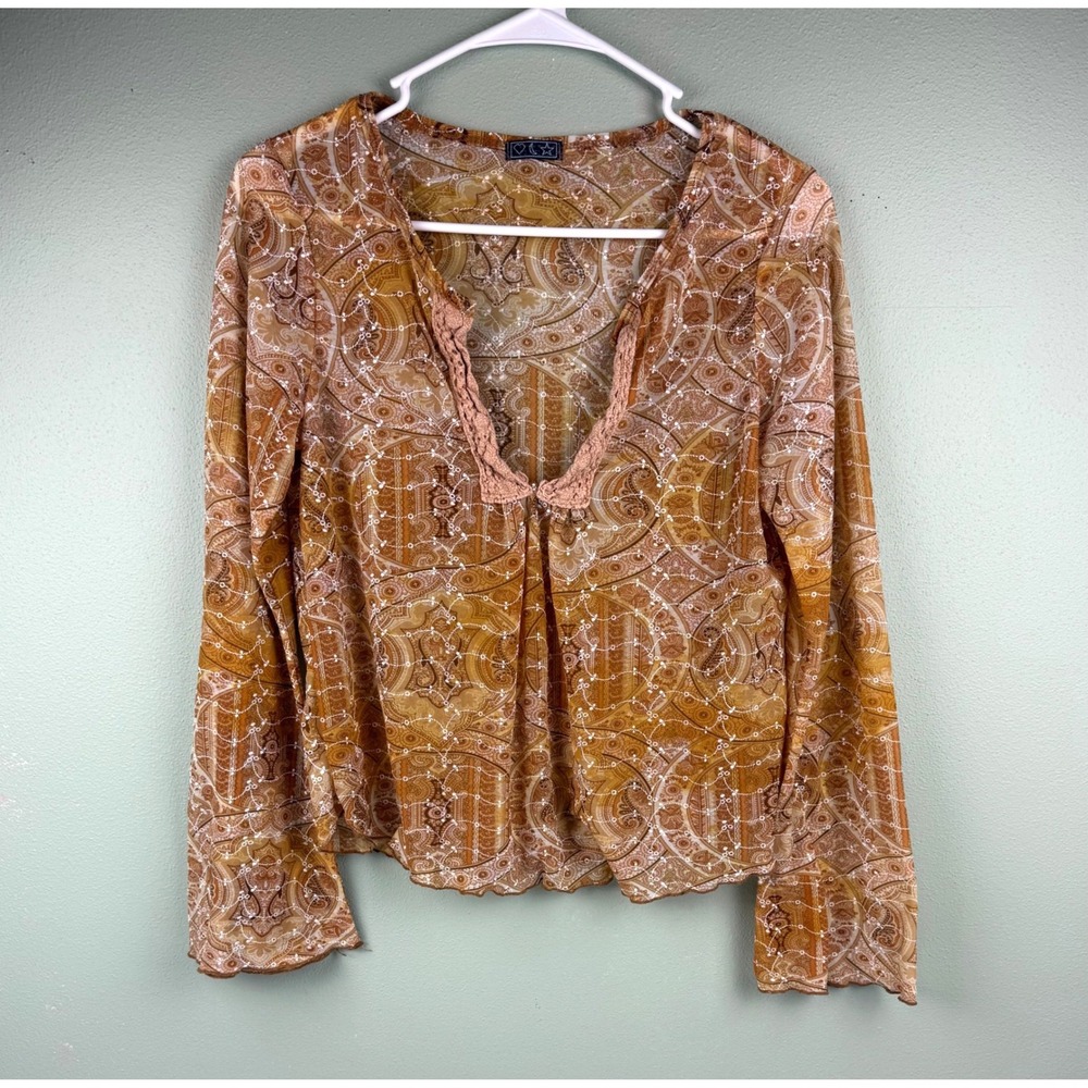 Vintage Y2K Sheer Paisley Mesh Top Brown Crochet V-Neck Bell Sleeve Blouse